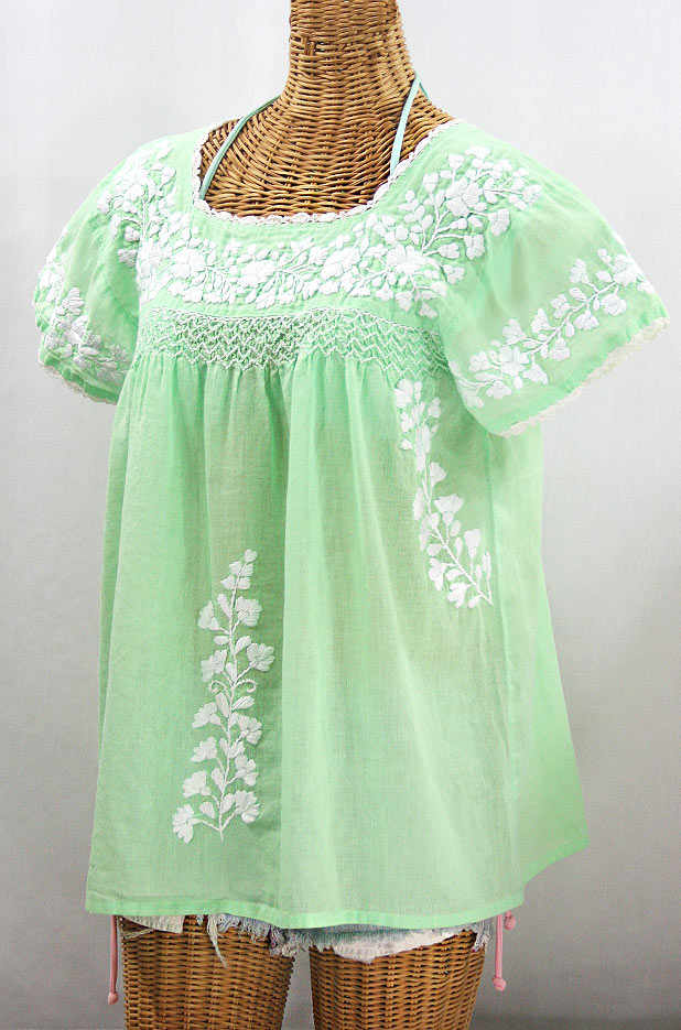 "La Marina Corta" Embroidered Mexican Peasant Blouse - Pale Green + White