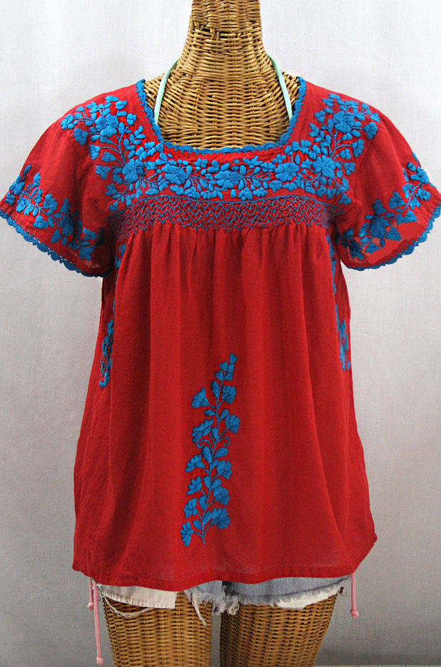 "La Marina Corta" Embroidered Mexican Peasant Blouse - Red + Turquoise