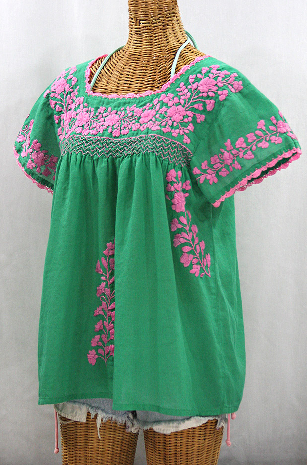 "La Marina Corta" Embroidered Mexican Peasant Blouse - Green + Pink