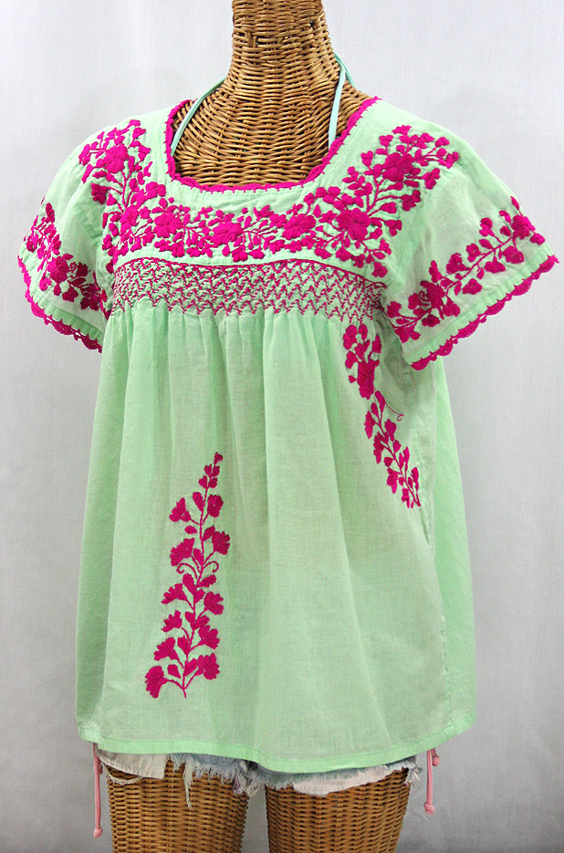 "La Marina Corta" Embroidered Mexican Peasant Blouse - Pale Green + Magenta