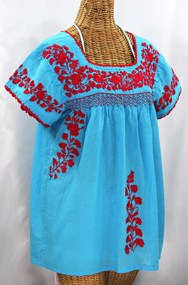 "La Marina Corta" Embroidered Mexican Peasant Blouse - Aqua + Red
