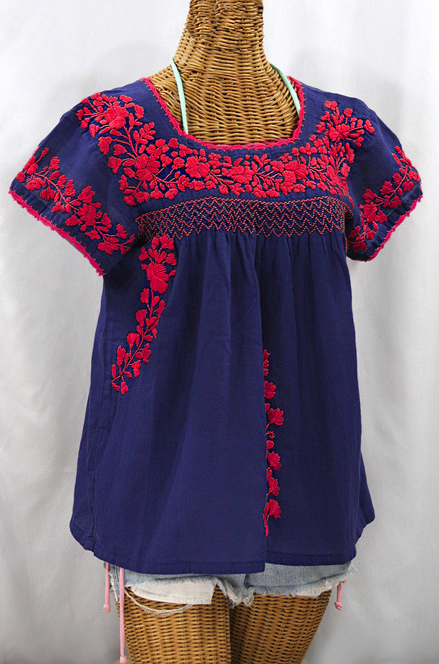 "La Marina Corta" Embroidered Mexican Peasant Blouse - Denim Blue + Red