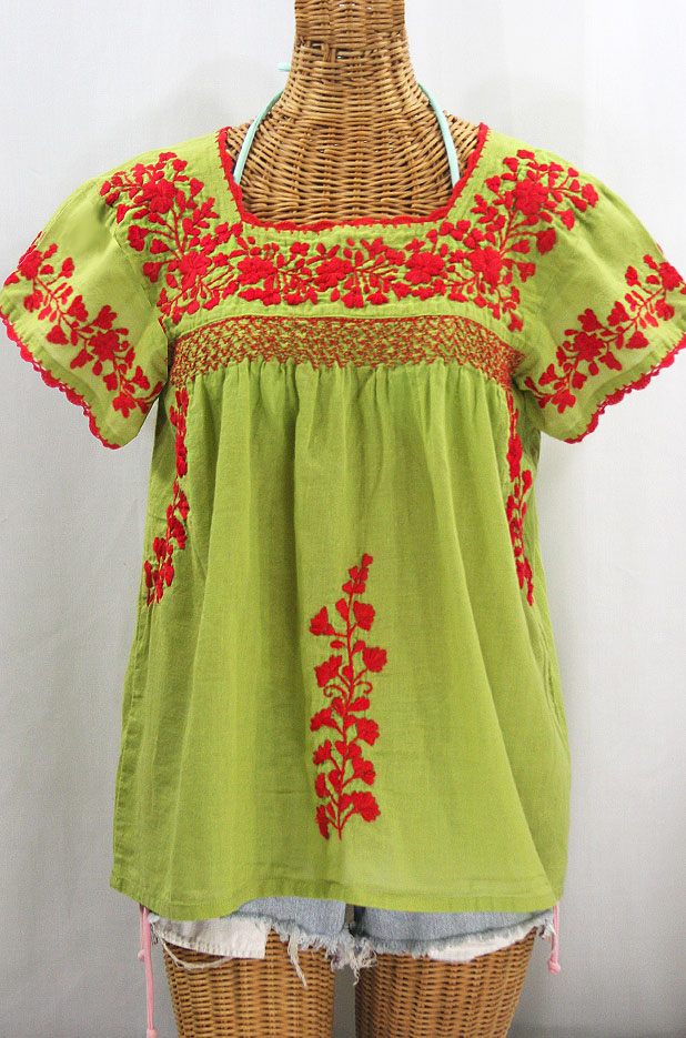 "La Marina Corta" Embroidered Mexican Peasant Blouse - Moss + Red