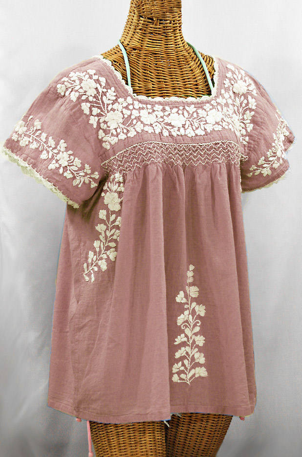 "La Marina Corta" Embroidered Mexican Peasant Blouse - Dusty Light Pink + Cream