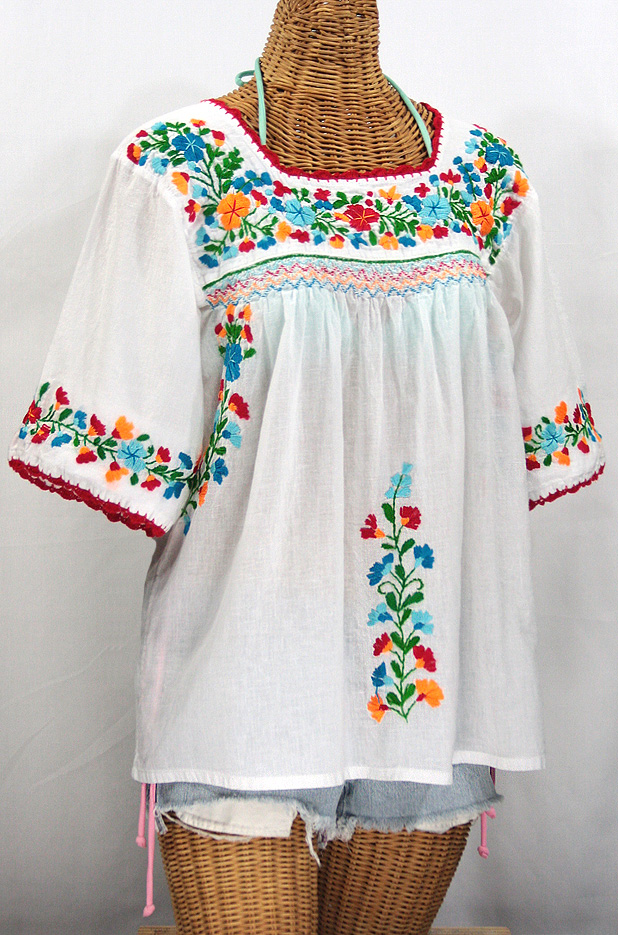 "La Marina" Embroidered Mexican Blouse -White + Fiesta Embroidery
