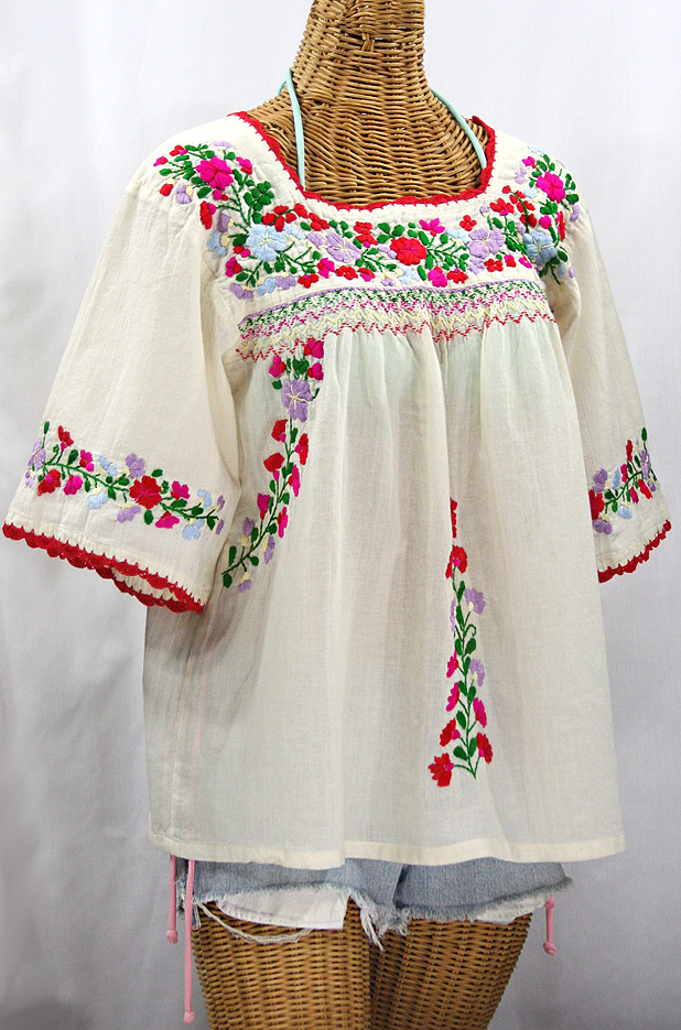"La Marina" Embroidered Mexican Peasant Blouse -Off White + Bright Multi