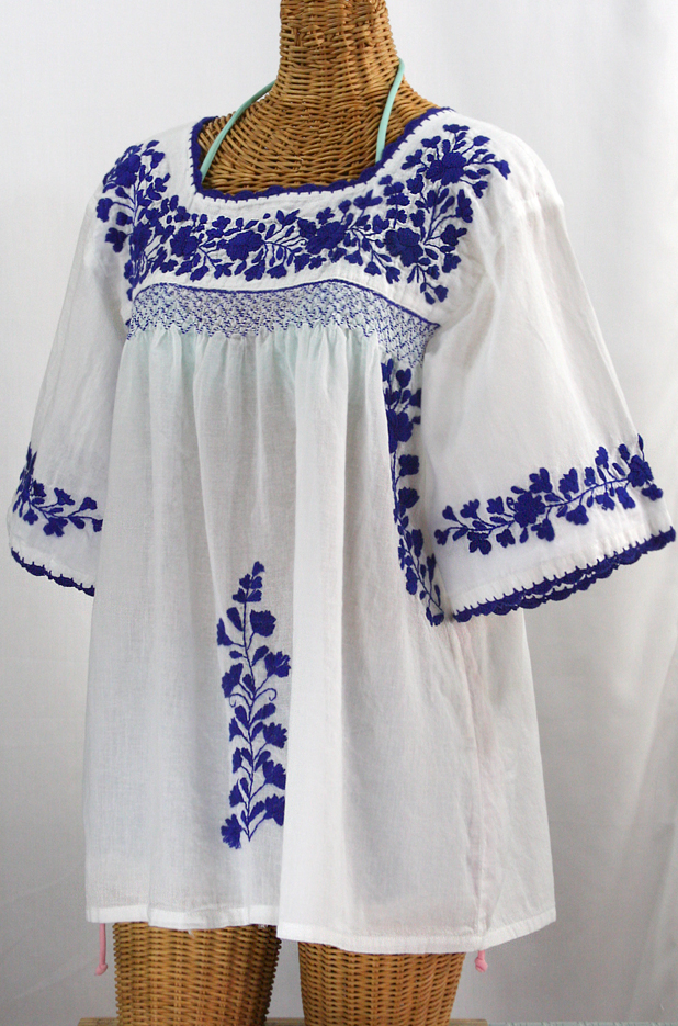 "La Marina" Embroidered Mexican Blouse -White + Blue