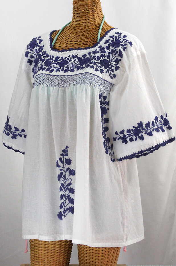 "La Marina" Embroidered Mexican Blouse -White + Navy