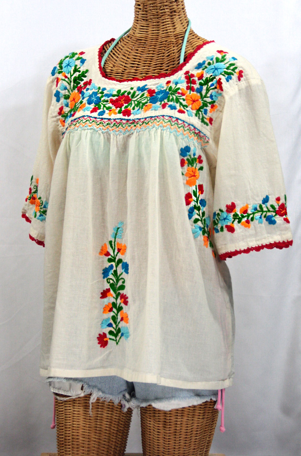 "La Marina" Embroidered Mexican Blouse - Off White + Fiesta