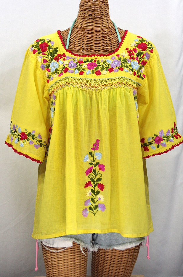 "La Marina" Embroidered Mexican Peasant Blouse -Yellow + Multi Embroidery