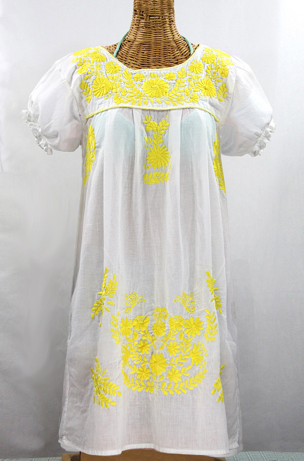"La Mariposa Corta" Embroidered Mexican Dress - White + Yellow