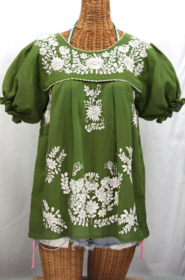 "La Mariposa Corta" Embroidered Mexican Style Peasant Top - Fern Green + White