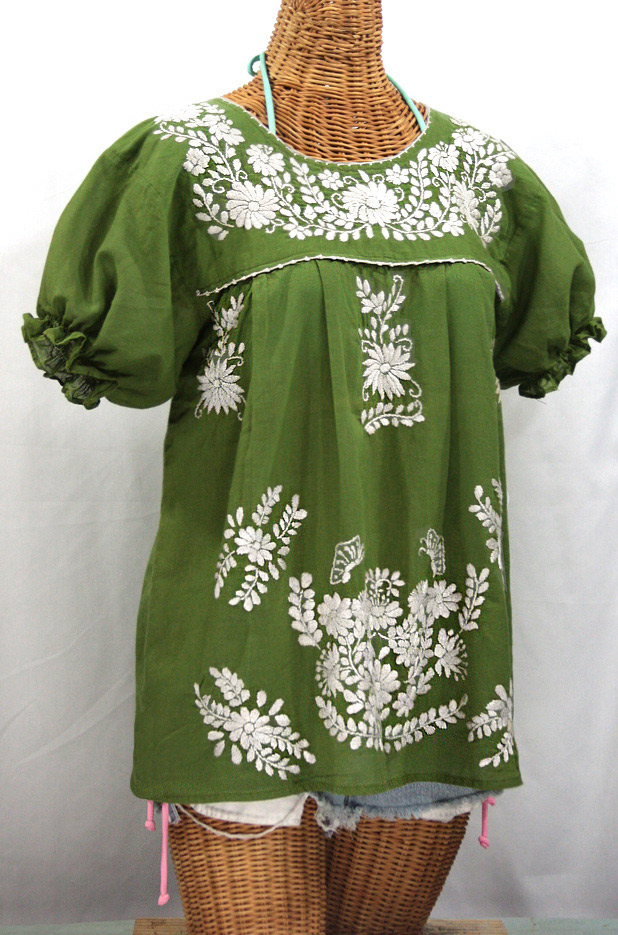 "La Mariposa Corta" Embroidered Mexican Style Peasant Top - Fern Green + White
