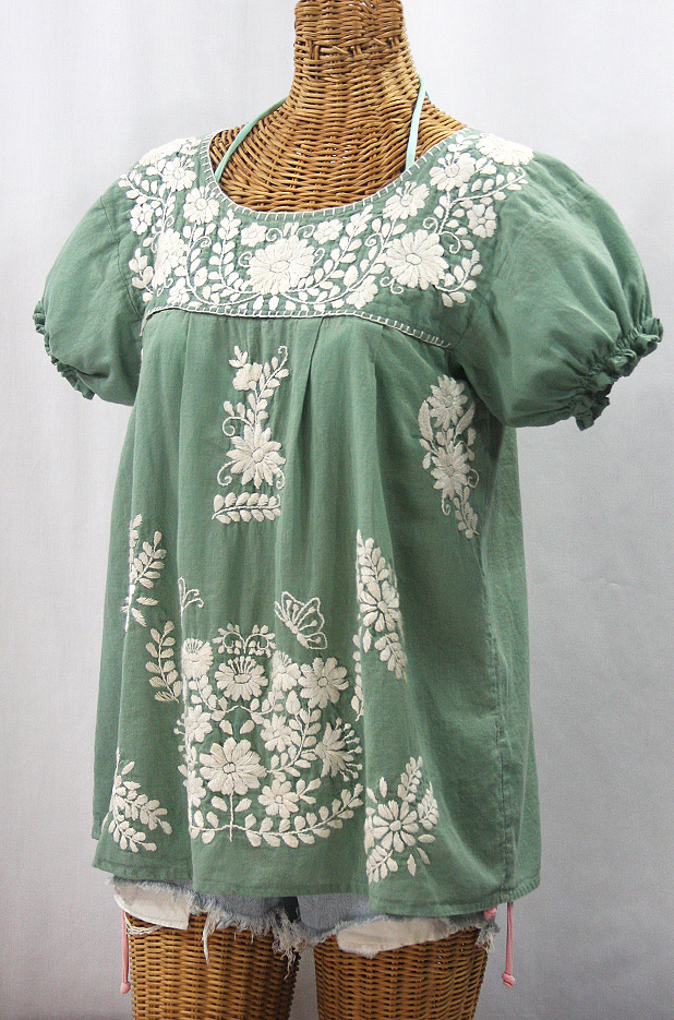 "La Mariposa Corta de Color" Embroidered Mexican Blouse - Sage Green + Cream