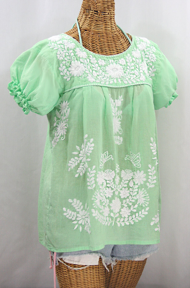 "La Mariposa Corta" Embroidered Mexican Style Peasant Top - Pale Green + White