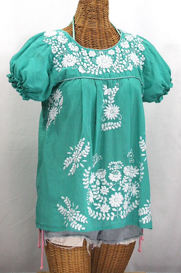 "La Mariposa Corta" Embroidered Mexican Style Peasant Top - Mint Green
