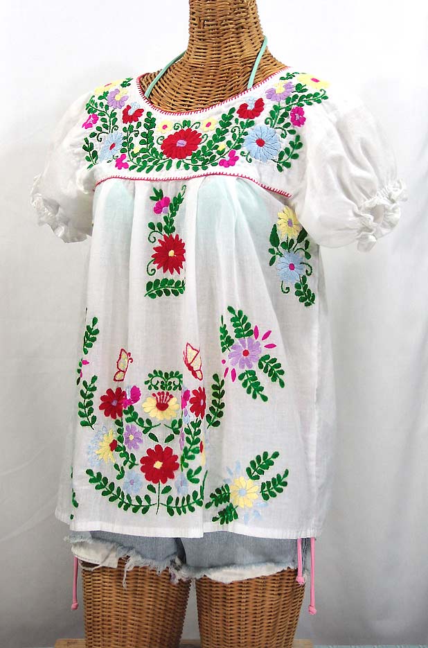 "La Mariposa Corta de Color" Embroidered Mexican Blouse - White + Bright Multi