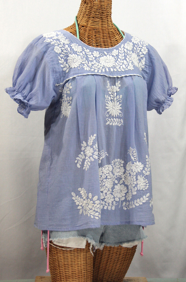 "La Mariposa Corta" Embroidered Mexican Style Peasant Top - Periwinkle