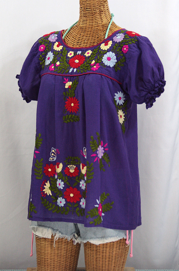 "La Mariposa Corta de Color" Embroidered Mexican Peasant Blouse - Purple