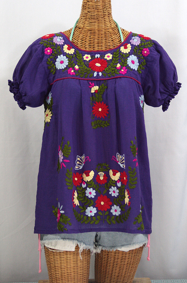 "La Mariposa Corta de Color" Embroidered Mexican Peasant Blouse - Purple