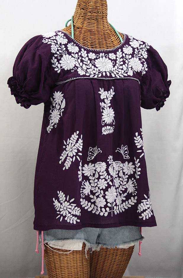 "La Mariposa Corta" Embroidered Mexican Style Peasant Top - Plum