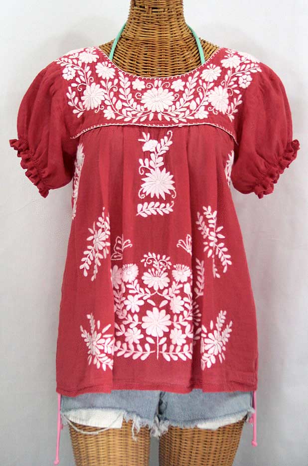 "La Mariposa Corta" Embroidered Mexican Style Peasant Top - Tomato Red
