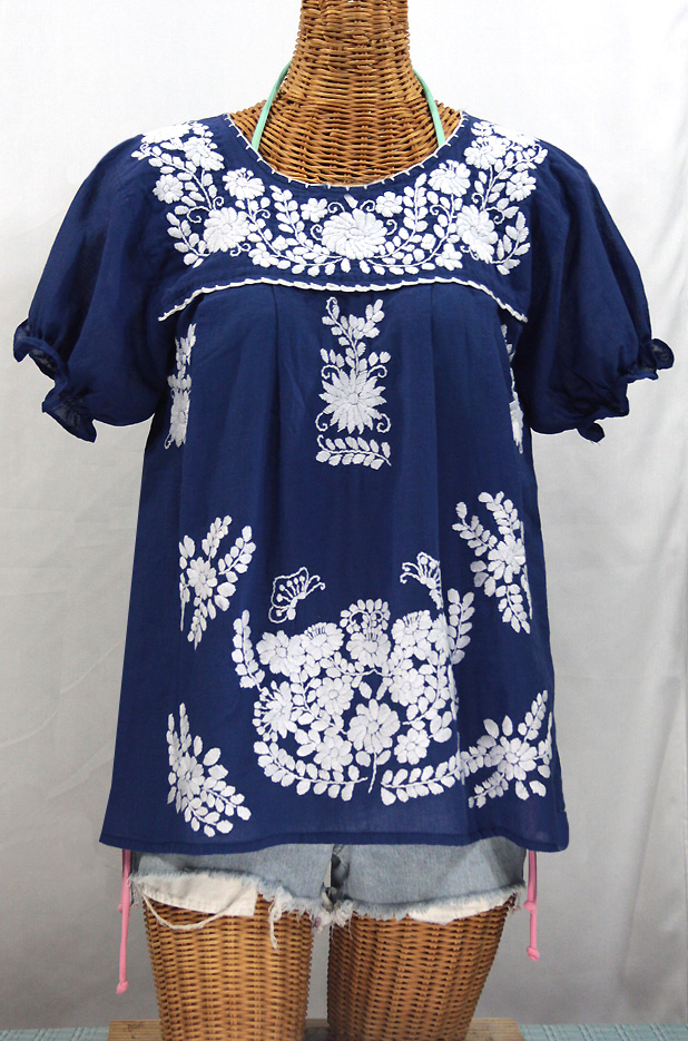 "La Mariposa Corta" Embroidered Mexican Style Peasant Top - Denim Blue