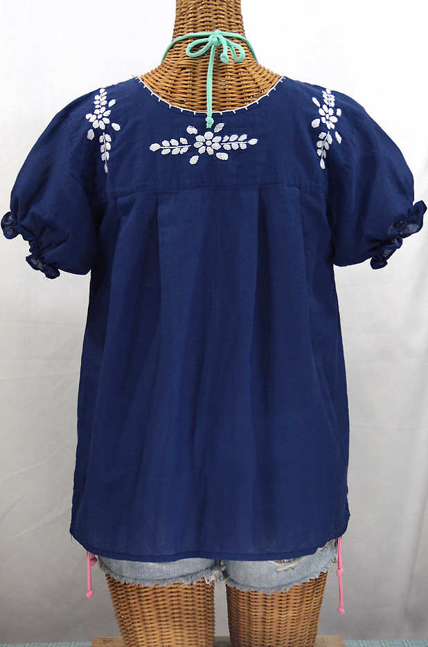 "La Mariposa Corta" Embroidered Mexican Style Peasant Top - Denim Blue