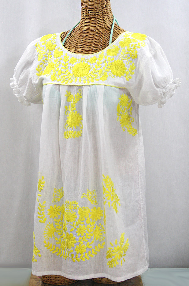 "La Mariposa Corta" Embroidered Mexican Bluse - Tunic Length - White + Neon Yellow