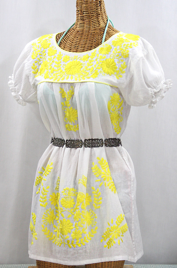 "La Mariposa Corta" Embroidered Mexican Bluse - Tunic Length - White + Neon Yellow