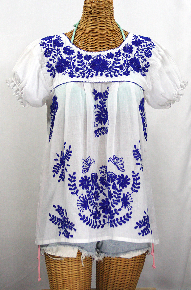 "La Mariposa Corta de Color" Embroidered Mexican Blouse - White + Blue
