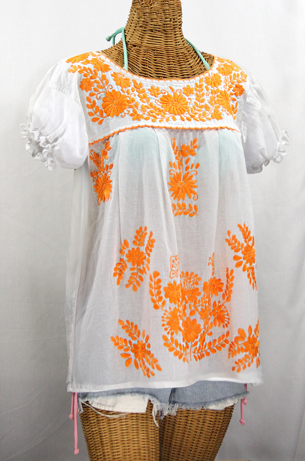 "La Mariposa Corta de Color" Embroidered Mexican Blouse - White + Neon Orange