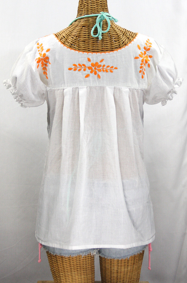 "La Mariposa Corta de Color" Embroidered Mexican Blouse - White + Neon Orange
