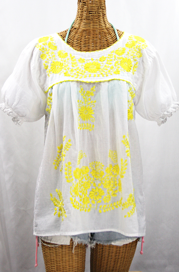 "La Mariposa Corta de Color" Embroidered Mexican Blouse - White + Neon Yellow