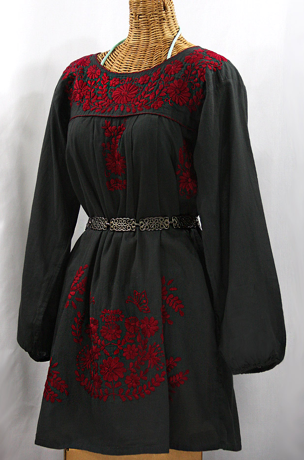 "La Mariposa Larga" Embroidered Mexican Dress - Charcoal + Dark Red