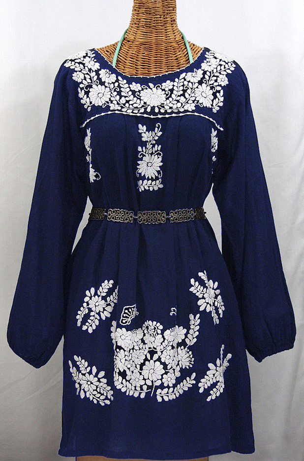"La Mariposa Larga" Embroidered Mexican Dress - Denim Blue