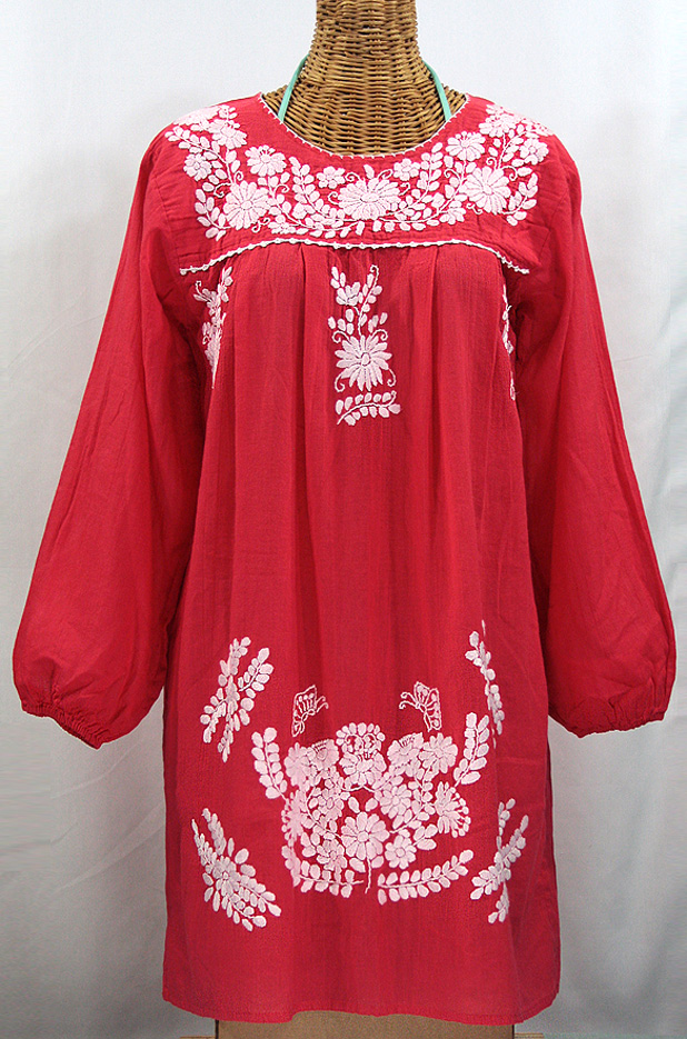 "La Mariposa Larga" Embroidered Mexican Dress - Tomato Red