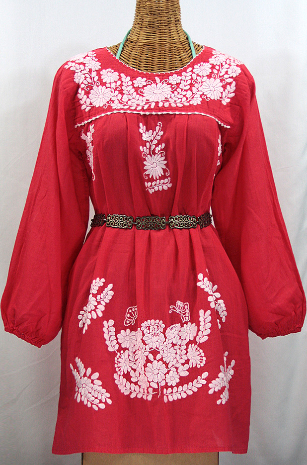 "La Mariposa Larga" Embroidered Mexican Dress - Tomato Red
