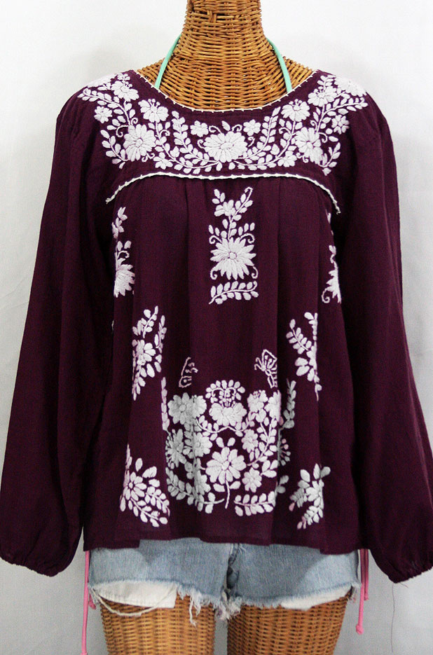"La Mariposa Larga" Embroidered Mexican Style Peasant Top - Plum