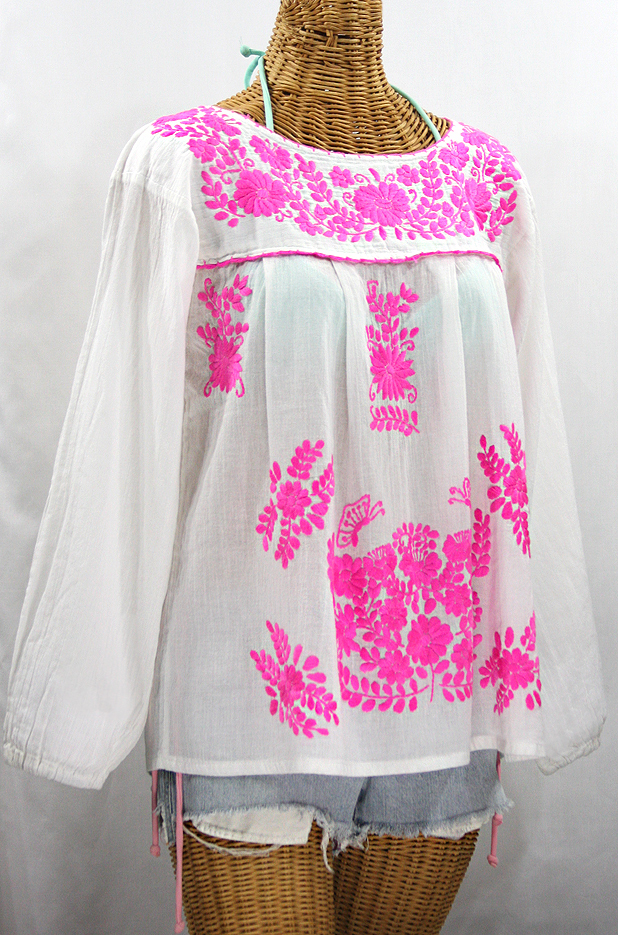 "La Mariposa Larga de Color" Longsleeve Mexican Blouse - White + Neon Pink