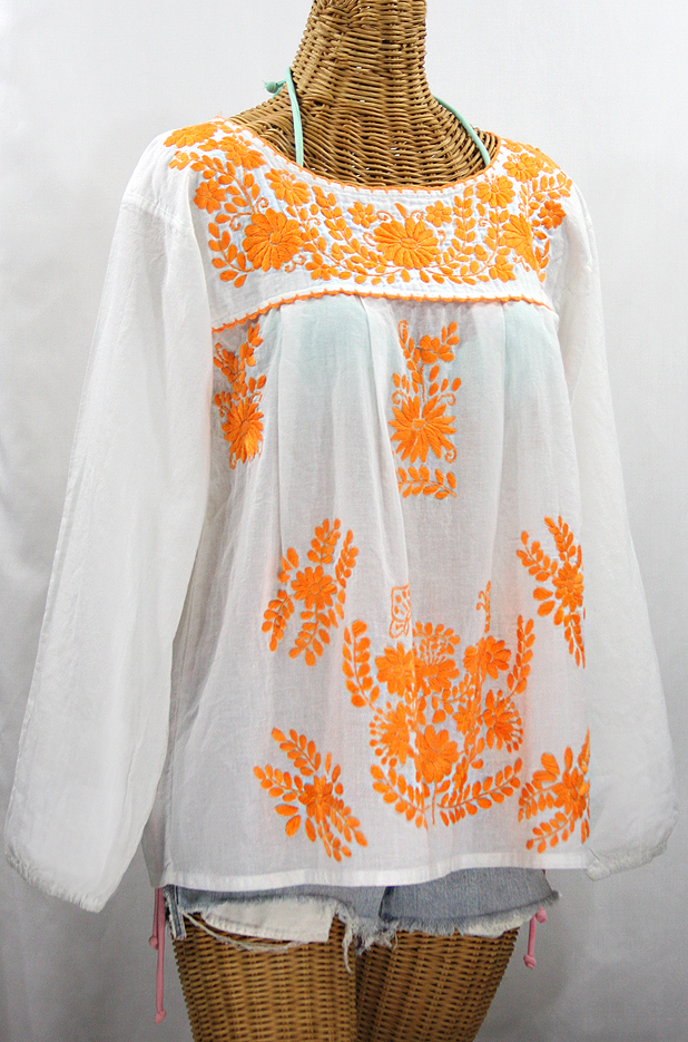 "La Mariposa Larga de Color" Longsleeve Mexican Blouse - White + Neon Orange