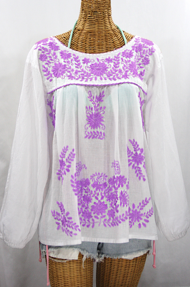 "La Mariposa Larga de Color" Longsleeve Mexican Blouse - White + Purple