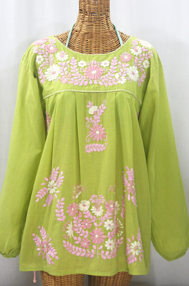 "La Mariposa Larga" Embroidered Mexican Style Peasant Top - Moss Green + Pink Mix