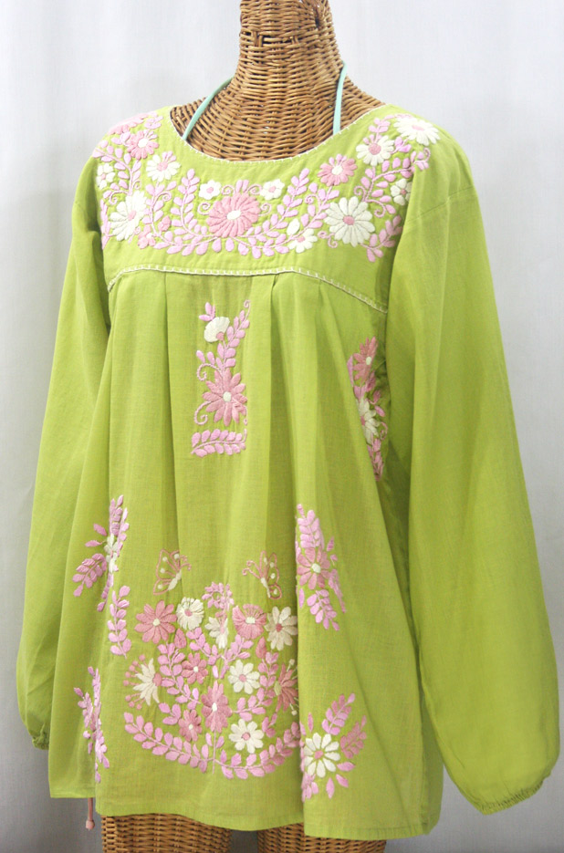 "La Mariposa Larga" Embroidered Mexican Style Peasant Top - Moss Green + Pink Mix
