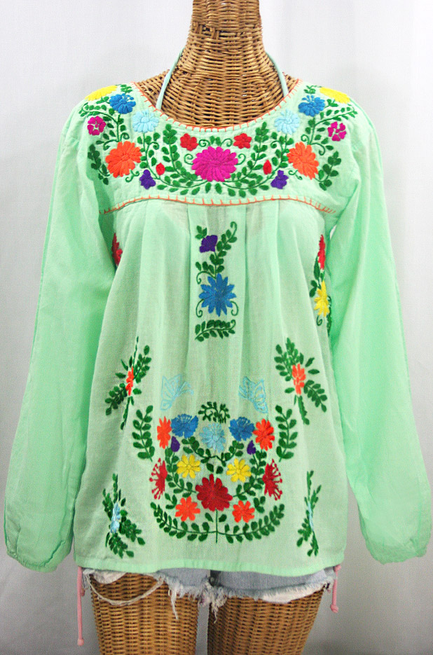 "La Mariposa Larga" Embroidered Mexican Style Peasant Top - Pale Green + Rainbow