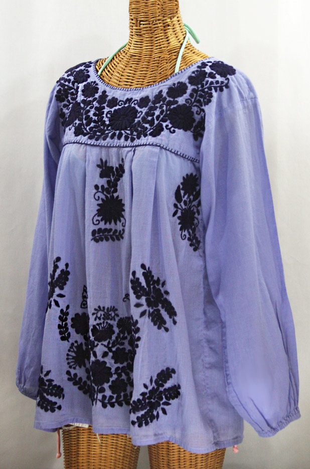 "La Mariposa Larga" Embroidered Mexican Style Peasant Top - Periwinkle + Navy
