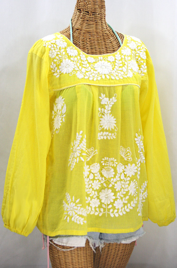 "La Mariposa Larga" Embroidered Mexican Style Peasant Top - Yellow + White