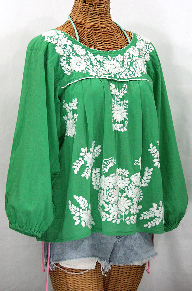 "La Mariposa Larga" Embroidered Mexican Style Peasant Top - Green