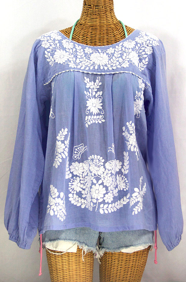 "La Mariposa Larga" Embroidered Mexican Style Peasant Top - Periwinkle