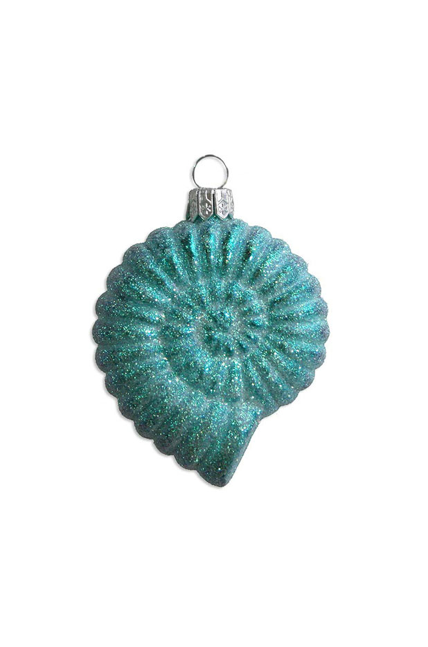 Aqua Glittered Moon Shell Blown Glass Ornament